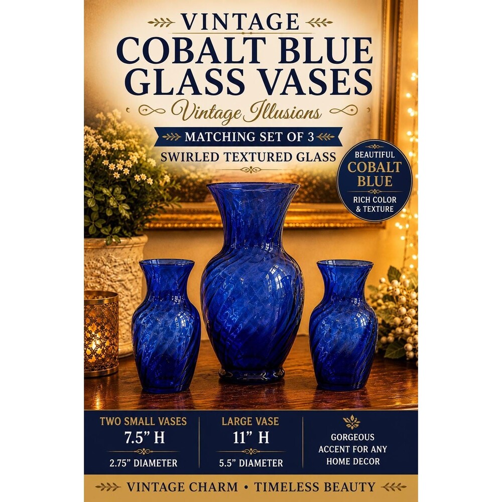 Vintage Indiana Glass Illusions Cobalt Blue Vase Set (1990s Swirl Glass)